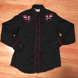 Vintage black embroidered rose western top
